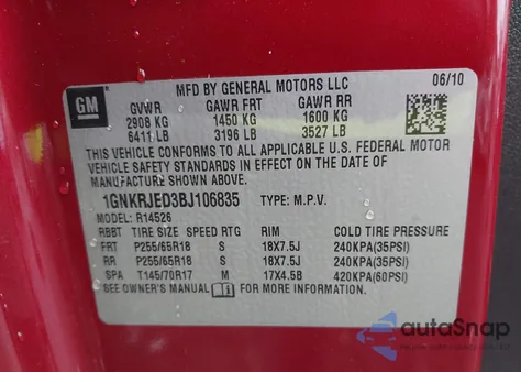 2011 Chevrolet Traverse 2Lt из США, поврежденный, VIN 1GNKRJED3BJ106835